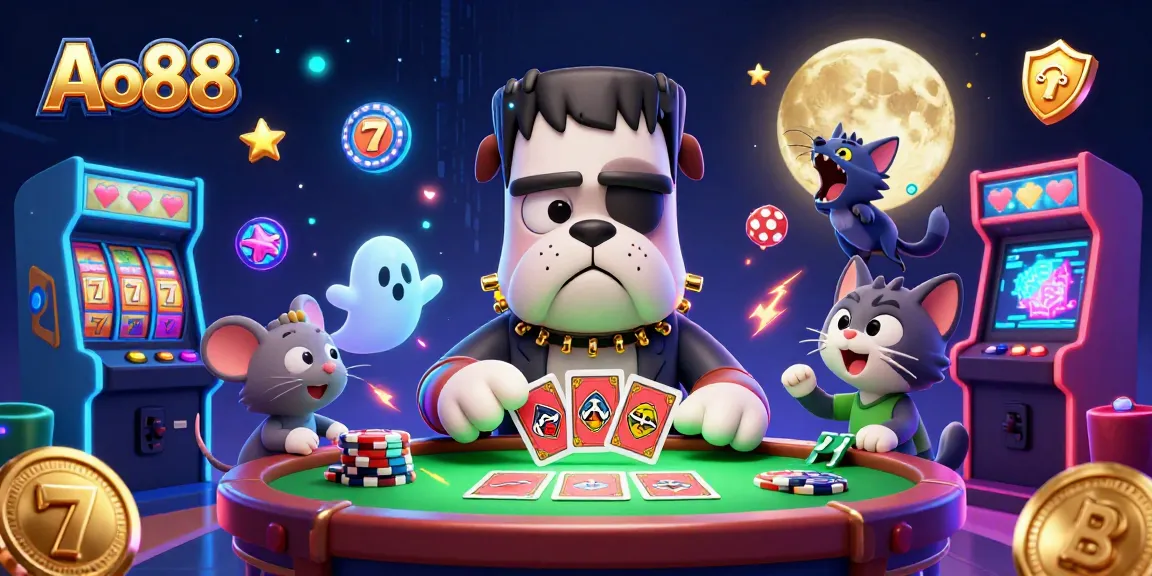 Experience thrilling card games at Ao88 with a whimsical casino scene featuring animated characters.