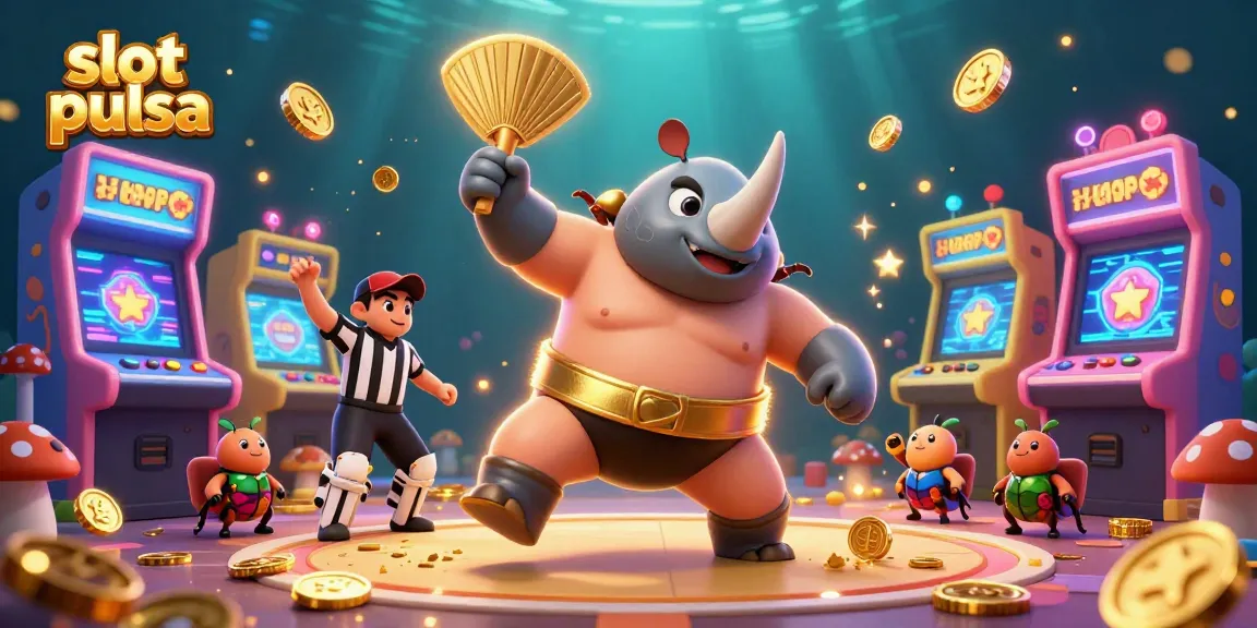 Exciting slot pulsa gameplay illustration with a beetle champion, coins, and vibrant elements.