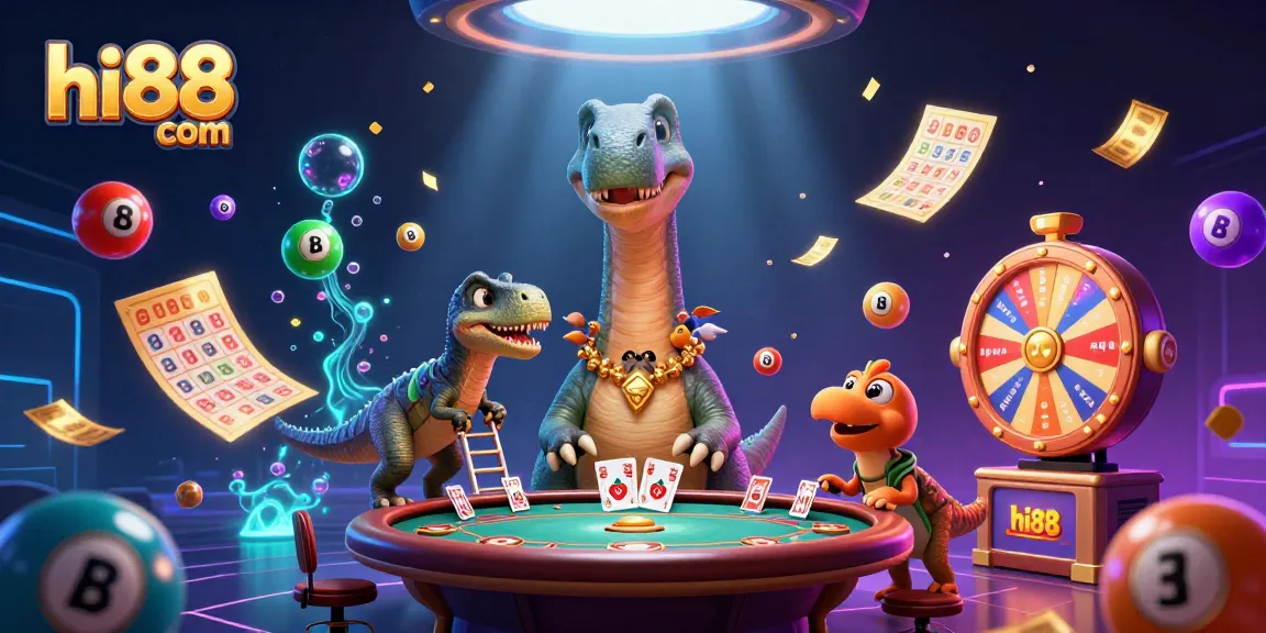 Experience the thrill of gaming at hi88 com with a vibrant casino scene featuring a dinosaur and card dealing raptor.