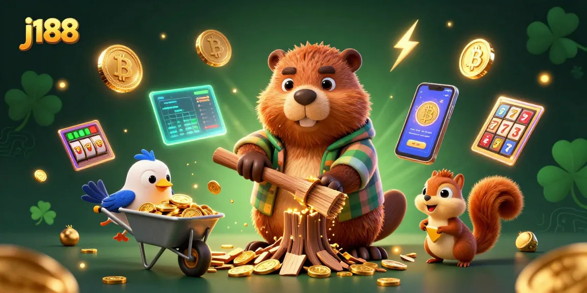 Join the fun at j188 with our beaver character collecting endless winnings in a vibrant casino atmosphere.