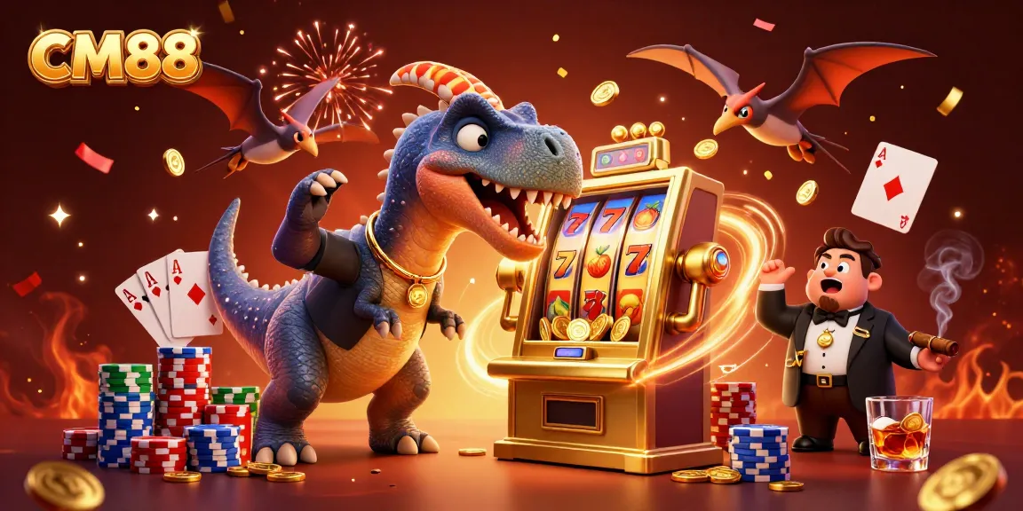 CM88 players winning big as a pachycephalosaurus hits a jackpot, surrounded by colorful casino elements.