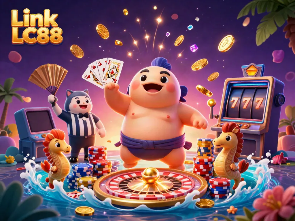 Engage in games at Link LC88 with a lively scene of characters enjoying an underwater casino atmosphere.