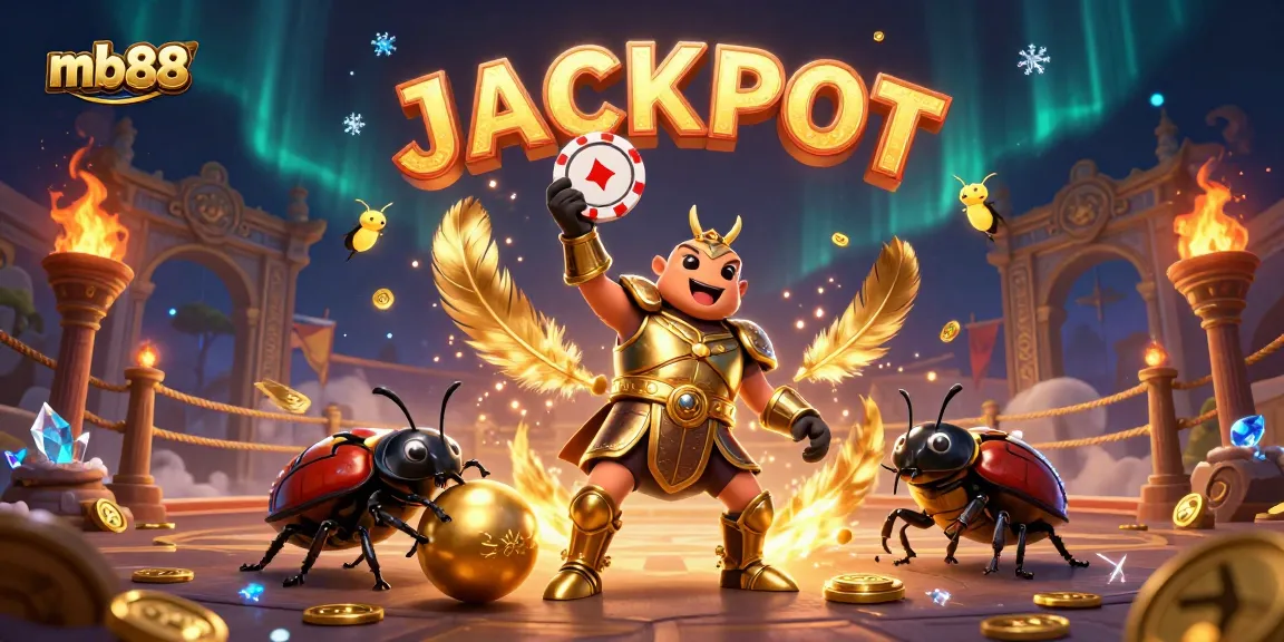 Experience the thrill of mb88 with a vibrant battle scene featuring a gladiator beetle celebrating a jackpot.