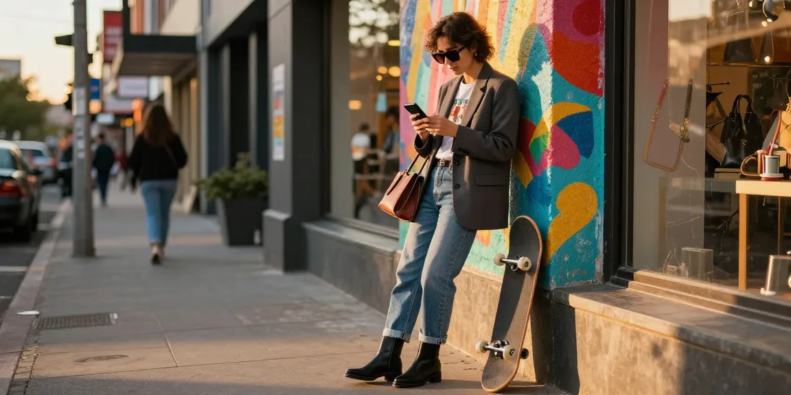 Fashion tips showcased on a stylish urban individual in a chic outfit amidst city streets.