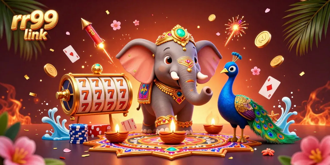 The 3D depiction of rr99 link showcases a vibrant, colorful casino atmosphere filled with elephants and slot imagery.