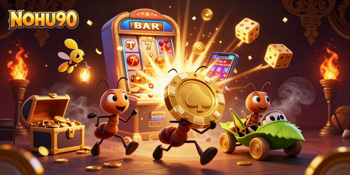 Engage with NOHU90's thrilling casino scene featuring ants on a heist with golden chips.