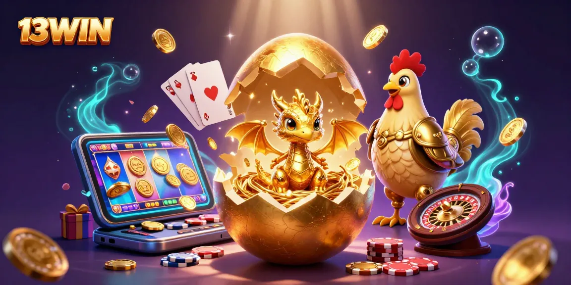 Experience the magic at 13WIN with a golden baby dragon and vibrant casino elements bursting with excitement.