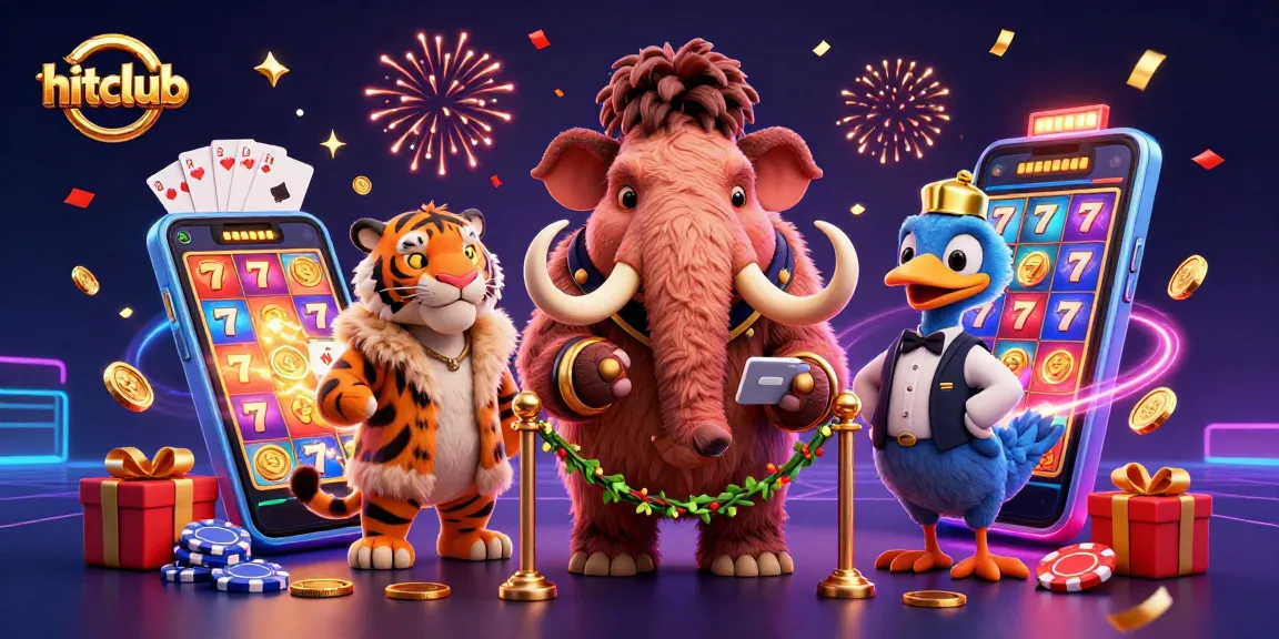 Engage in gaming excitement with hitclub's unique characters in a vibrant casino scene.