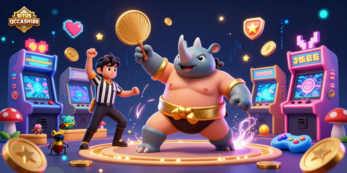 SITUS QQCASH188 showcases a 3D beetle sumo champion amidst gold coins, arcade games, and vibrant energy.