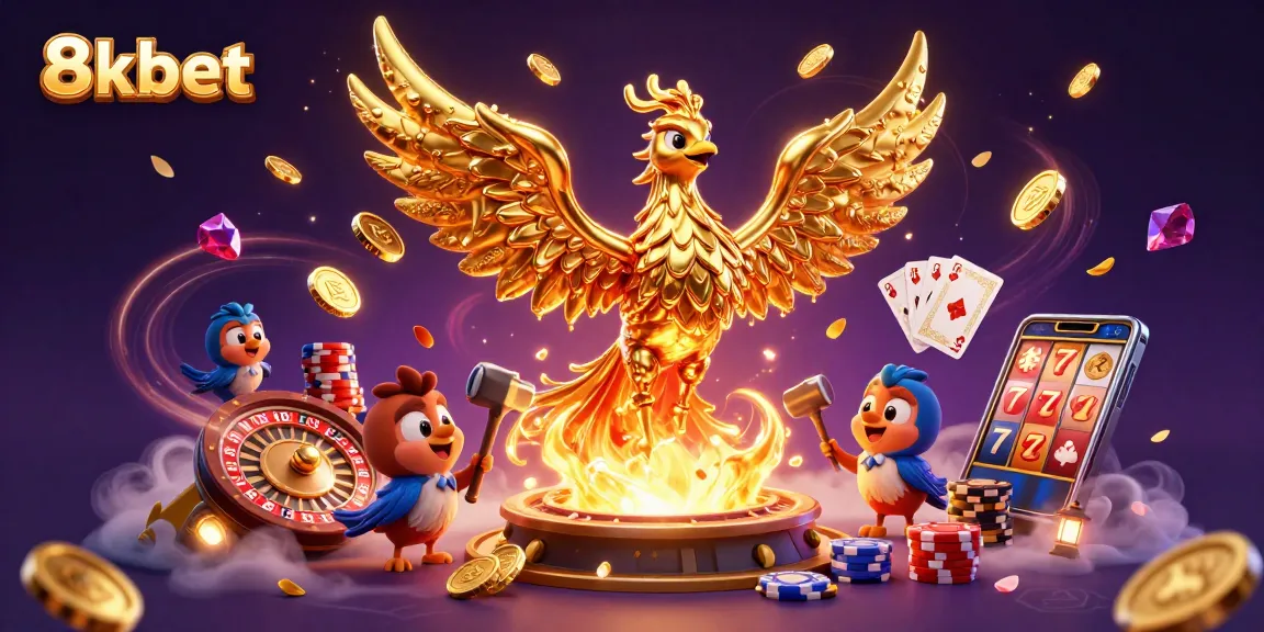 Experience the excitement of 8kbet with a dynamic casino scene featuring a golden phoenix, coins, and games.