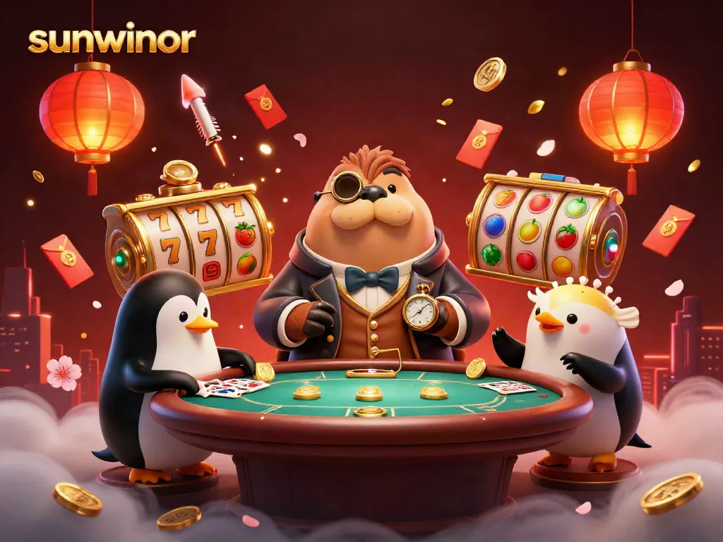 Engage in thrilling poker at sunwinor with a walrus, penguin dealer, and vivid gaming elements.