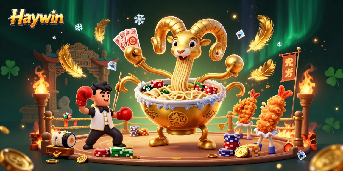 Haywin features a giant golden ramen bowl character engaging in a high-energy casino scene.