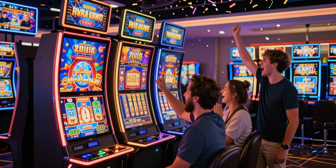 Pengalaman slot gacor yang mendebarkan dengan pemain merayakan kemenangan di mesin slot cerah dan penuh warna.
