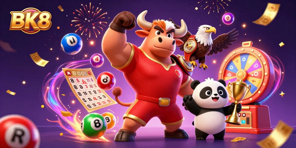 Experience the excitement of BK8 with dynamic characters celebrating winning moments in a vibrant casino-themed illustration.
