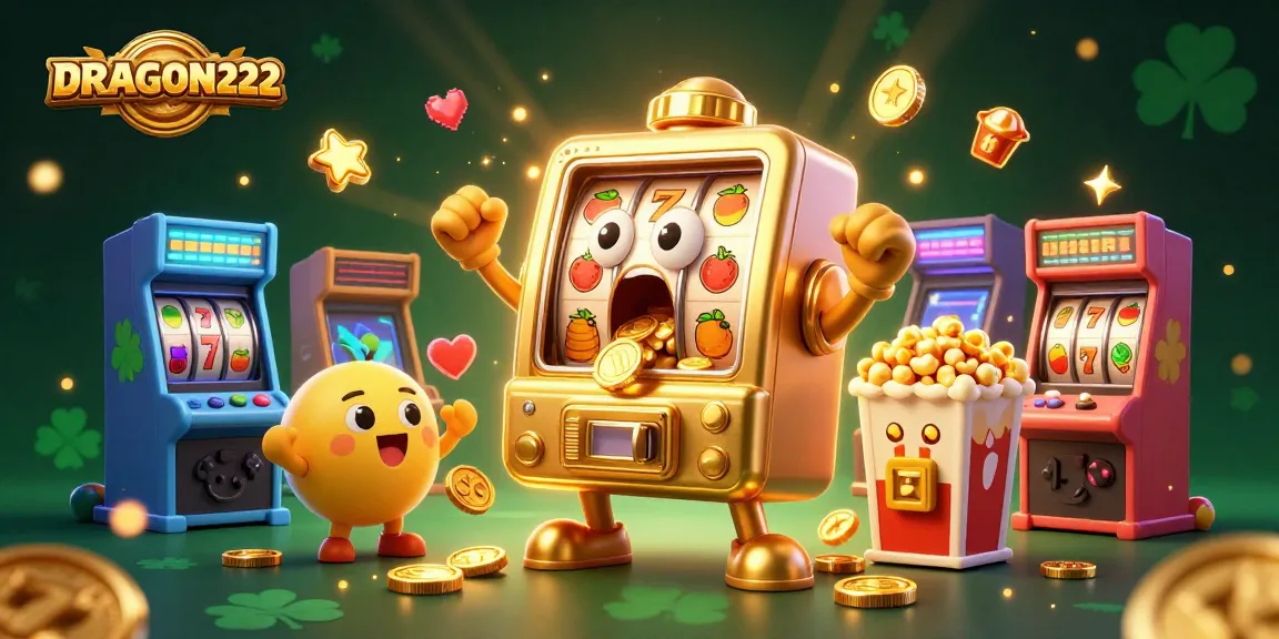 Engage with the thrilling slots experience at DRAGON222 as cartoon slot machines celebrate a jackpot win.