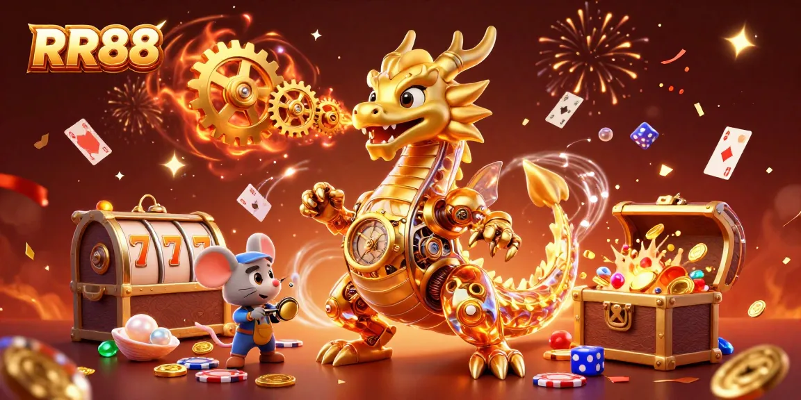 Engage with RR88's immersive casino experience featuring a dragon amidst slot games and treasures.