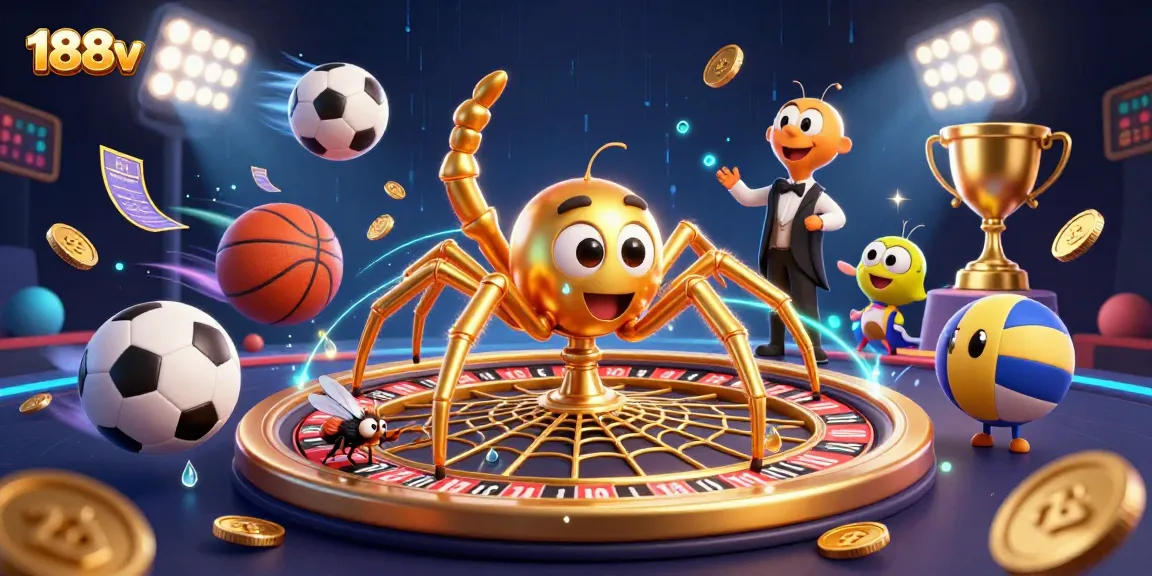 Engage with unique 188v gaming excitement featuring a spider at the roulette, centipede dealer, and dynamic sports elements.