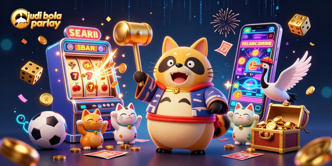 Engage in judi bola parlay with a cheerful tanuki, samurai crane, and vibrant fortune cats in a dynamic betting scene