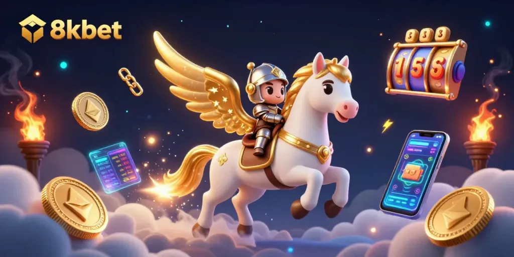 Experience the thrill of 8xbet with a dazzling 3D illustration featuring a majestic horse and vibrant casino elements.