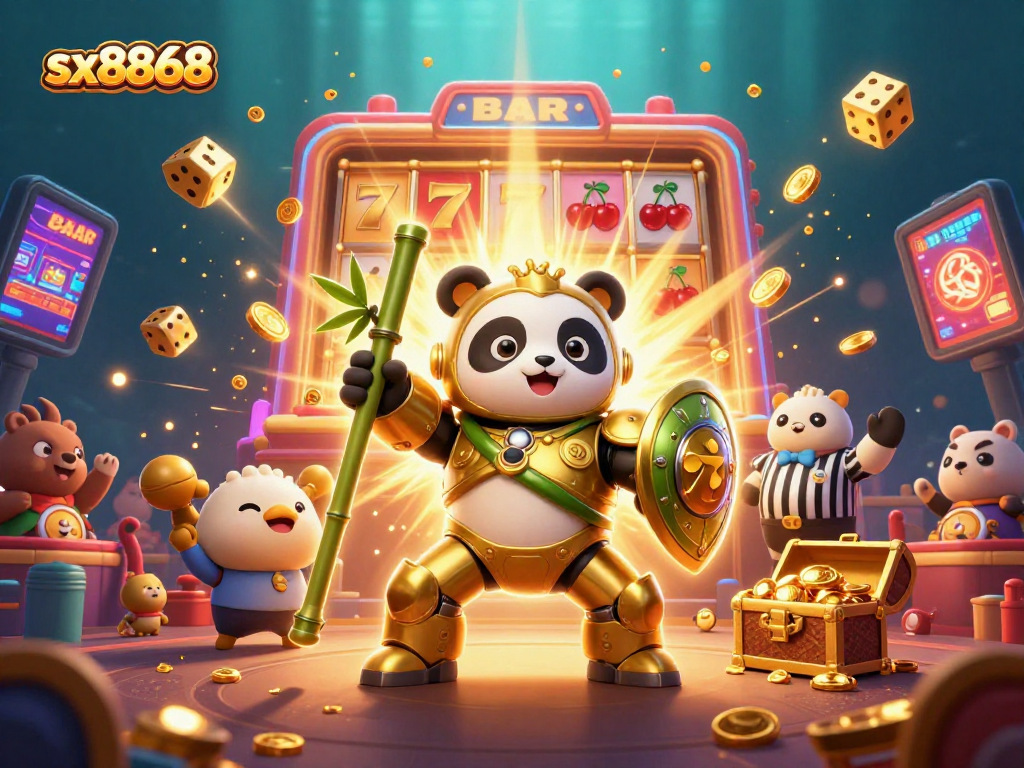 Witness sx8868's vibrant casino scene where a golden panda pilots a bamboo robot amidst thrilling game elements.