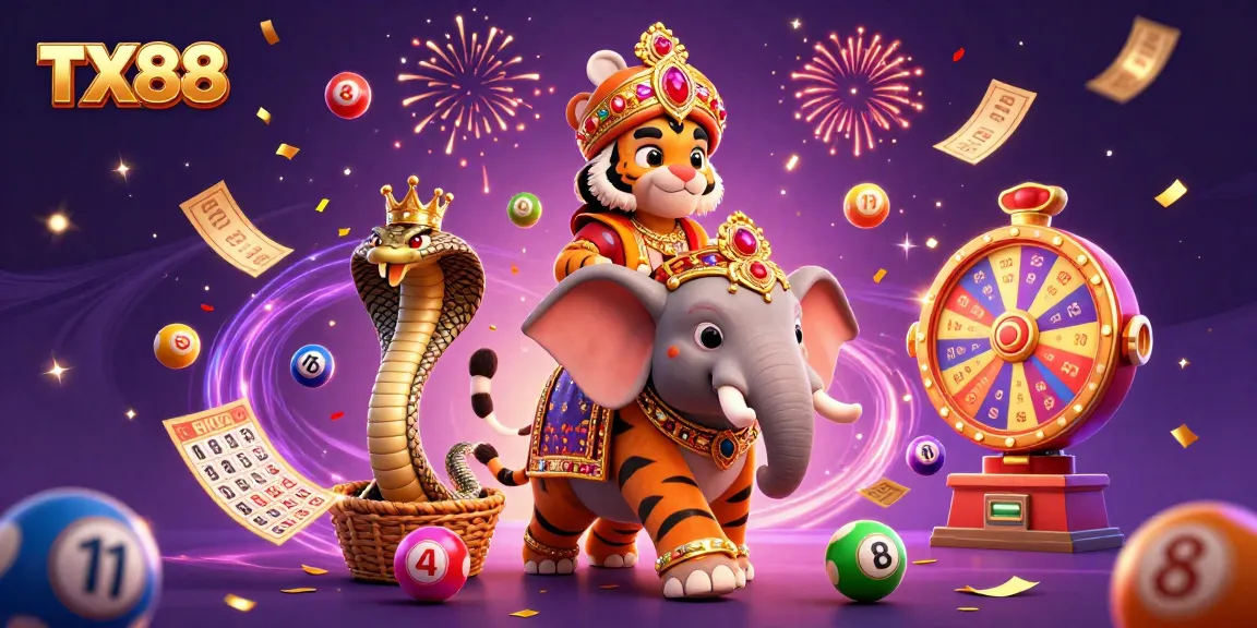 Experience the vibrant TX88 world with a maharaja, elephant, and dynamic lottery elements.