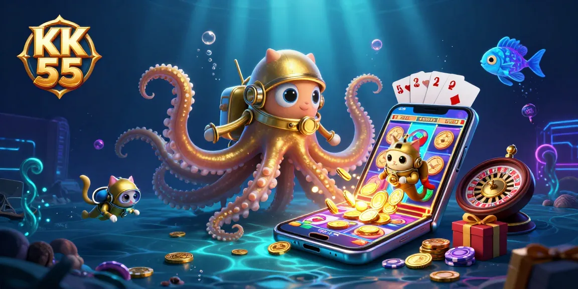 Play thrilling slots at KK 55, featuring a kraken and diving cat amid vibrant casino elements.