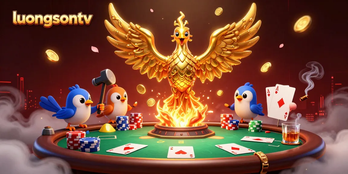Experience thrilling gameplay with luongsontv's golden phoenix soaring amid poker chips and rich casino elements.