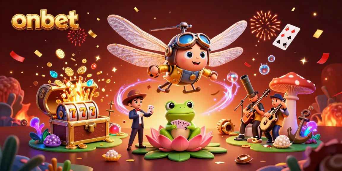 Join the fun at onbet with a vibrant 3D illustration of a dragonfly pilot and frog croupier at a lily pad casino.