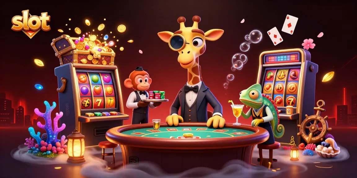 Spin the slot machine reels as a giraffe, monkey, and chameleon create a vibrant casino scene.