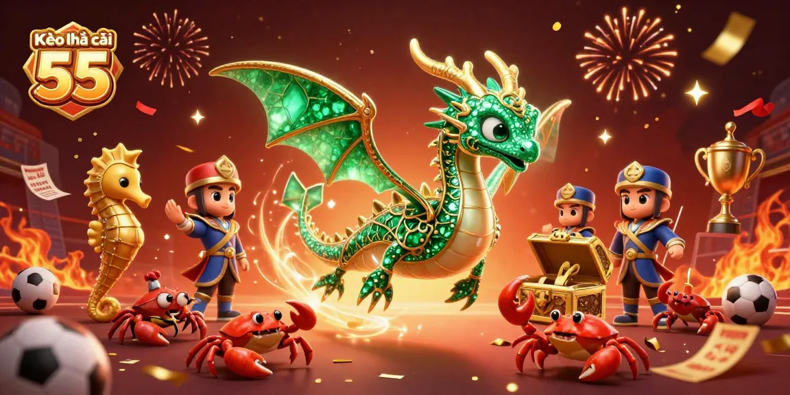 Kèo nhà cái 55 showcases a dynamic gambling scene with a royal seahorse and treasure chest.