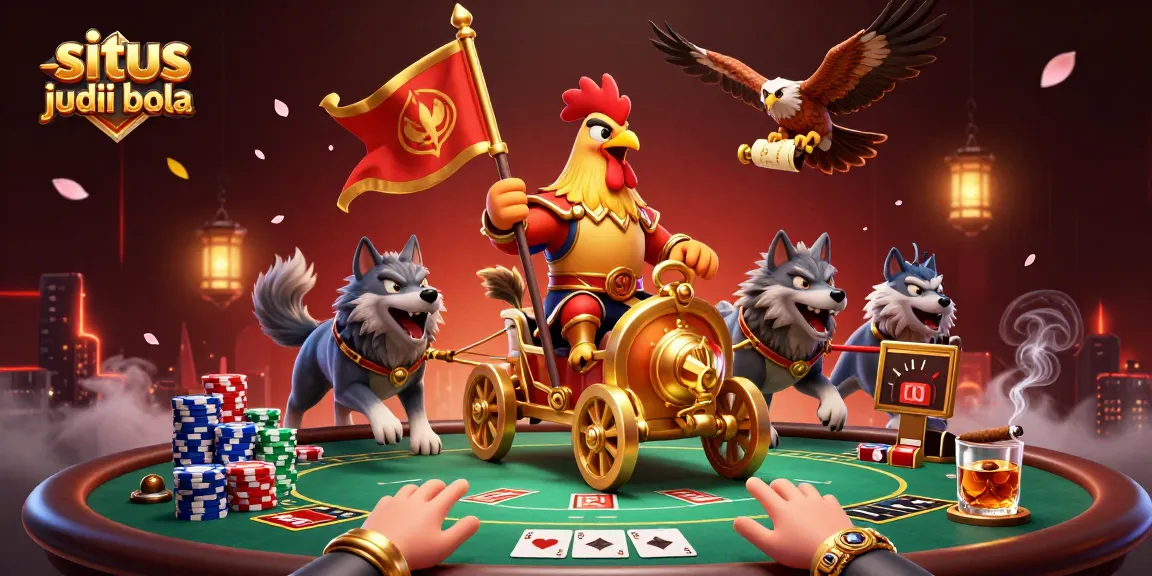 Join the excitement of situs judi bola with a dynamic scene featuring a rooster warlord and poker elements.