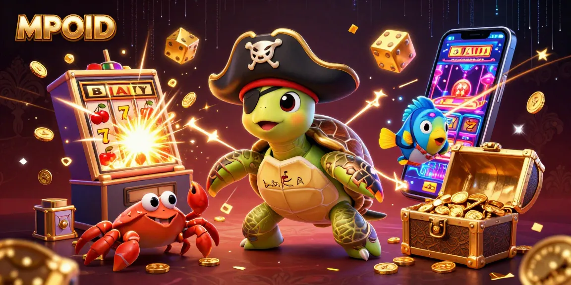 MPOID showcases an engaging 3D illustration of a pirate turtle and friends amid exhilarating casino game elements.