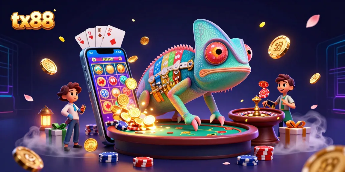tx88 showcases vibrant 3D chameleon casino scene with golden coins and dynamic gaming elements.