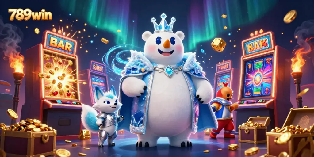 Experience winning at 789win with vibrant slots and gaming energy in a dazzling 3D scene.