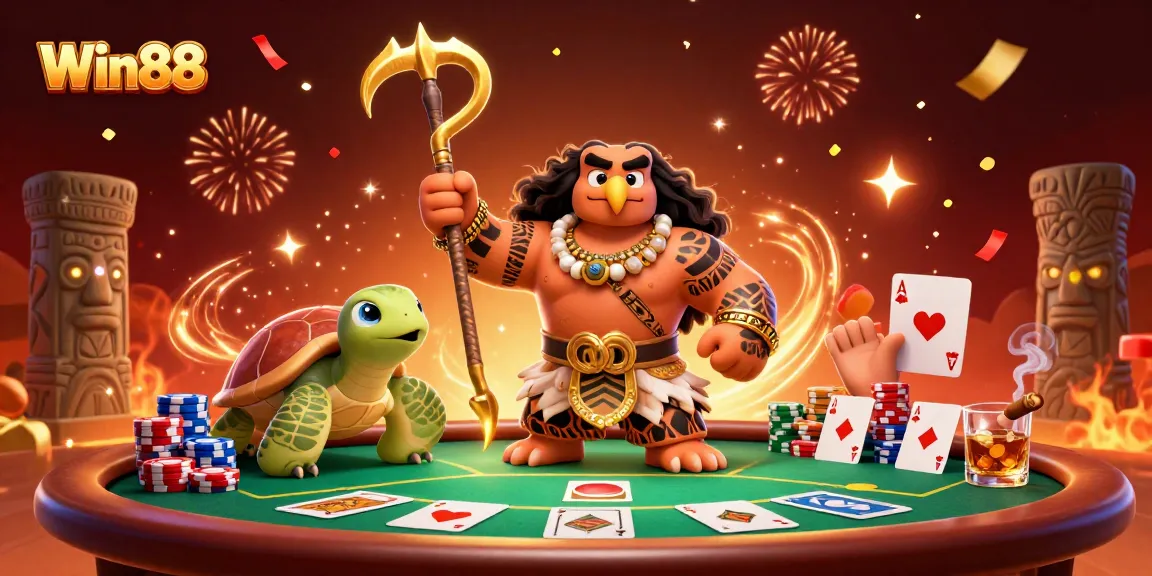 Win88 players explore a vibrant casino scene, featuring poker tables and exciting game elements.