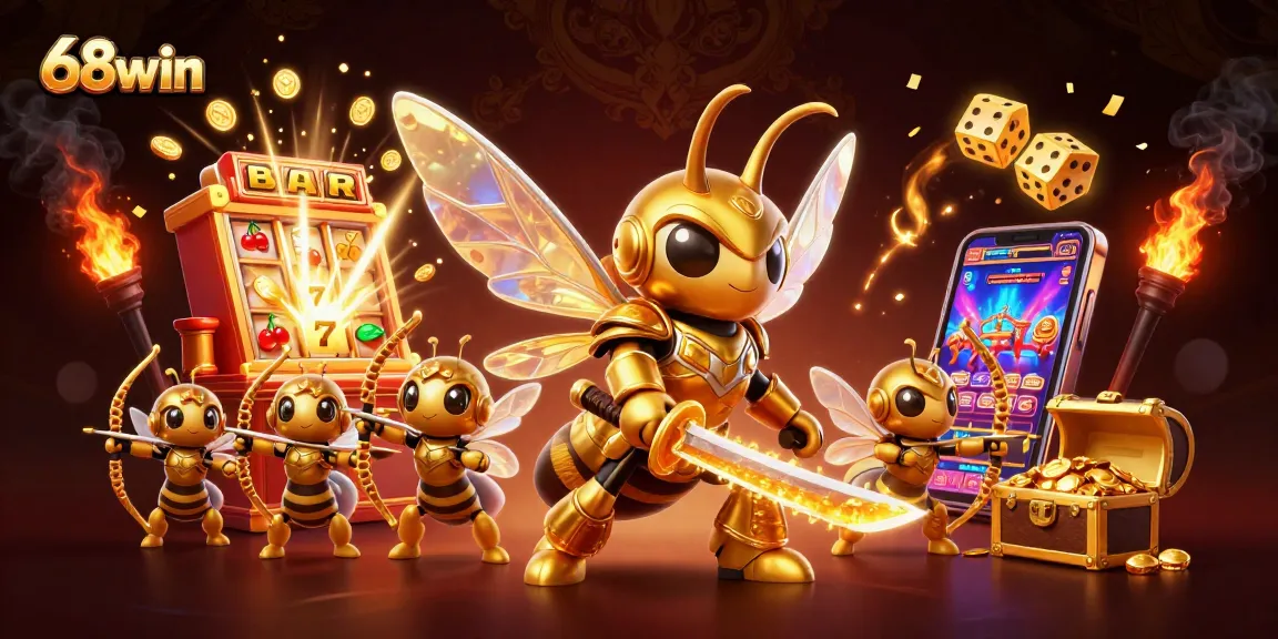 Experience the excitement of 68win with a vibrant 3D illustration of a golden hornet samurai amidst jackpot symbols and coins.