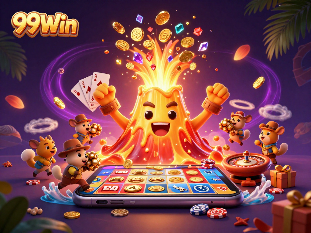 Experience the excitement of 99Win with a vibrant, dynamic casino-themed illustration showcasing treasure and gaming