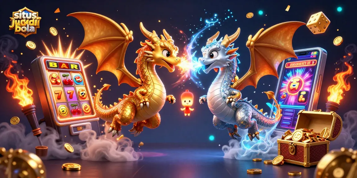 Engage with situs judi bola in a vibrant 3D illustration showcasing dragons and casino elements.