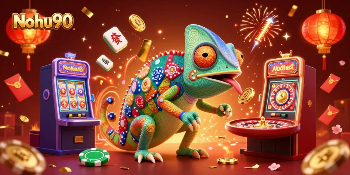 Nohu90 brings vibrant casino excitement with a chameleon owner and dynamic slot elements.