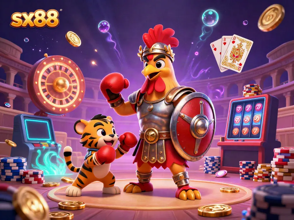Engaging SX88 gaming scene featuring a rooster gladiator, tiger cub, and eagle in a vibrant casino arena.