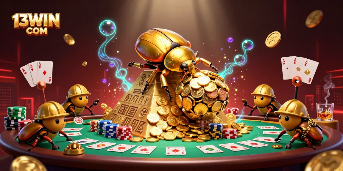Spin the reels with 13WIN COM's engaging casino experience featuring gold coins and poker elements.