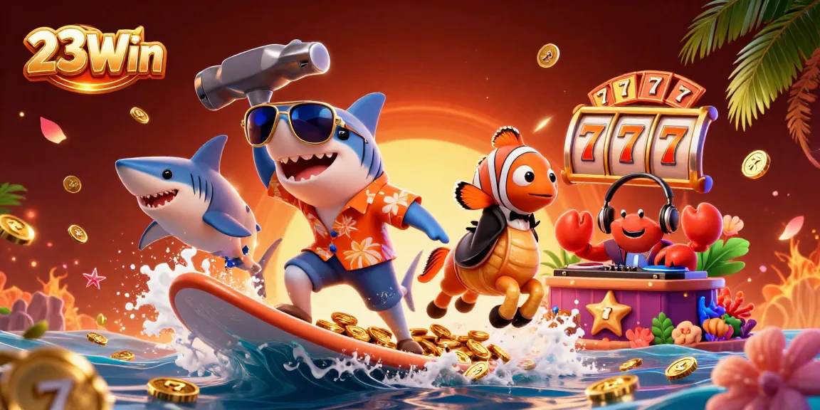 Experience thrilling 23Win jackpots with 3D characters surfing gold coins and exciting slot elements.