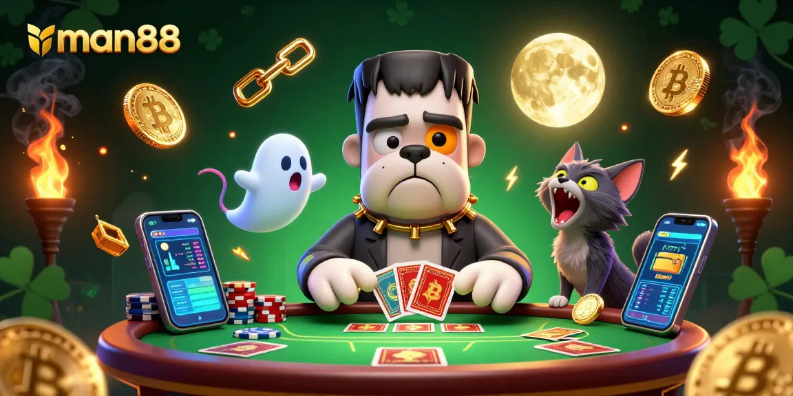 Engage with man88 as the cartoon characters play cards at a glowing casino table with crypto elements.