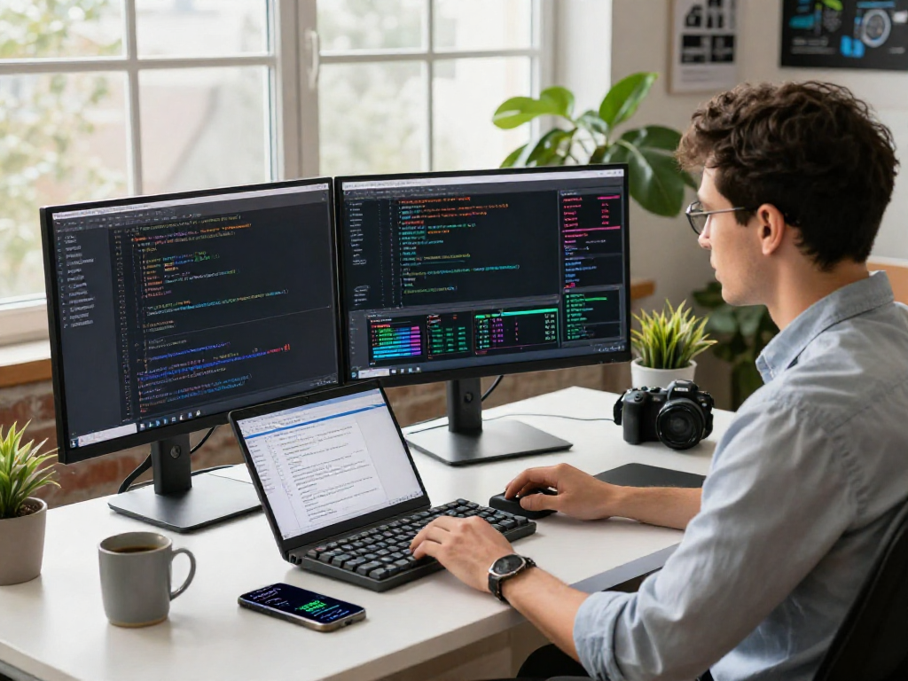 实时外汇WebSocket推送接口开发者在现代办公环境中使用代码和数据可视化，展现专业技术氛围。
