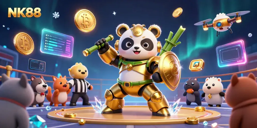 Experience thrilling NK88 cockfighting in a vibrant arena with gold and crypto elements.
