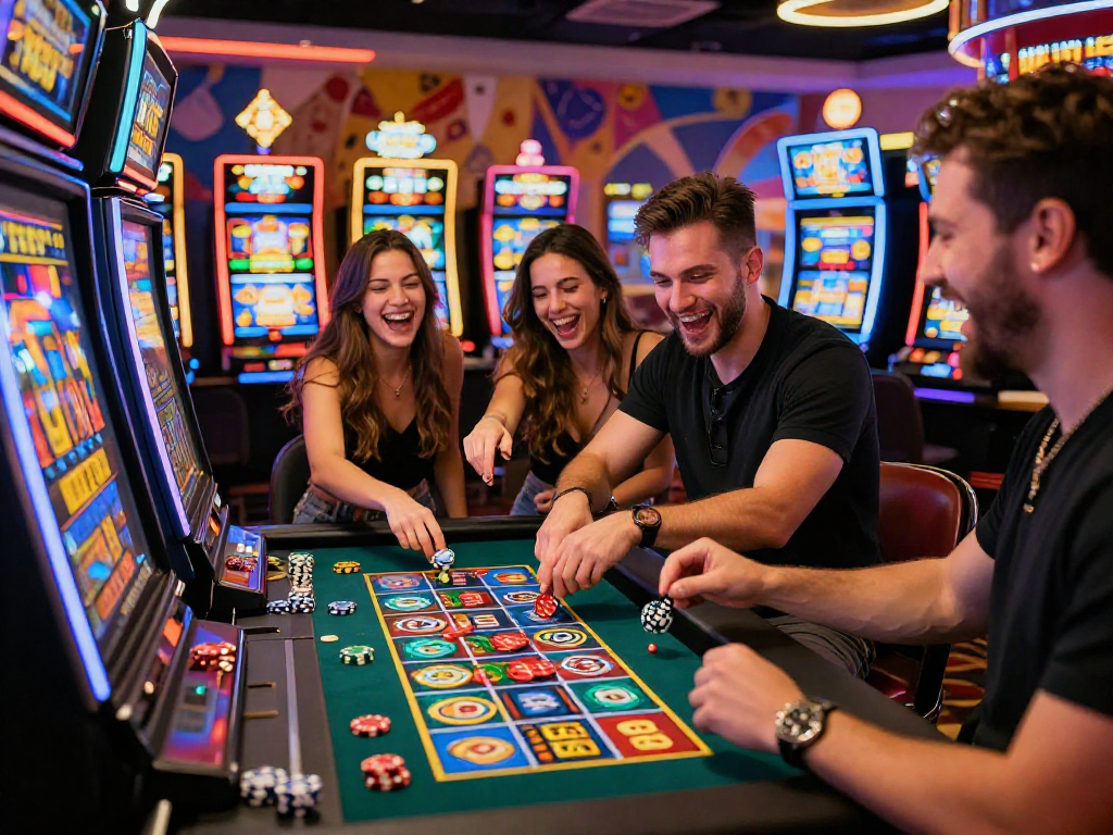 Giocatori felici celebrano una vincita al casino non aams con colori vivaci e atmosfera festosa