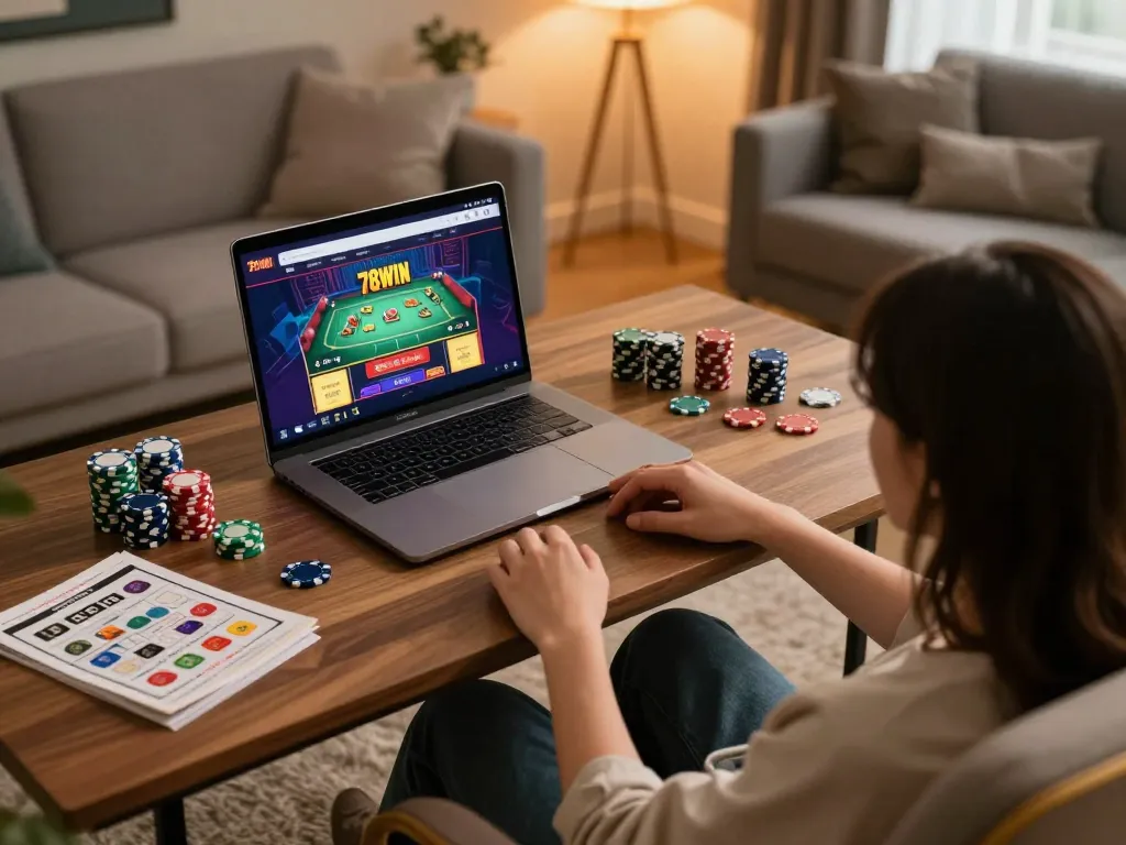 Engaged player experiencing 78WIN online casino gaming from a stylish home setup.