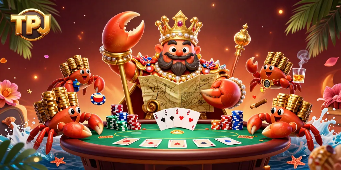 Engage with TPJ's exciting poker scene, featuring a golden crab emperor and vibrant game elements.