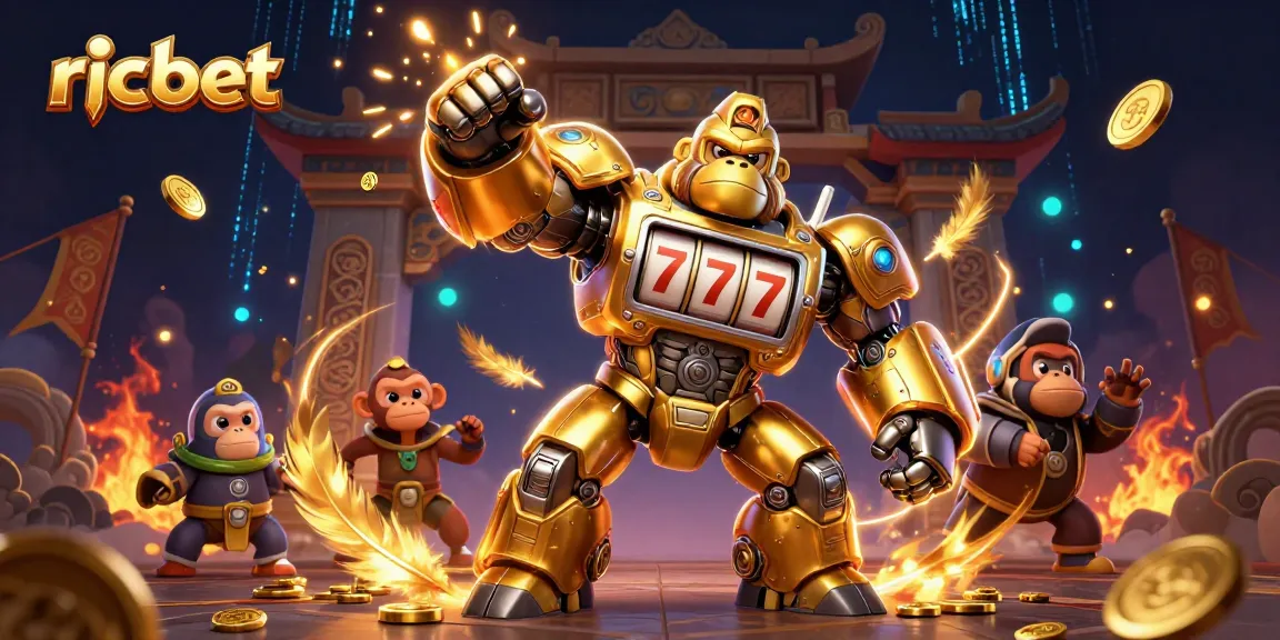 Experience the excitement of ricbet as a golden gorilla mech bursts with coins and gaming elements.