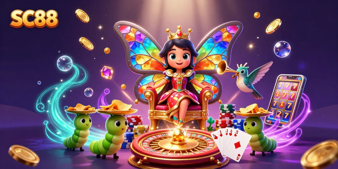Spin and win with SC88 as golden coins and vibrant gems surround the butterfly queen in an enchanting casino world.